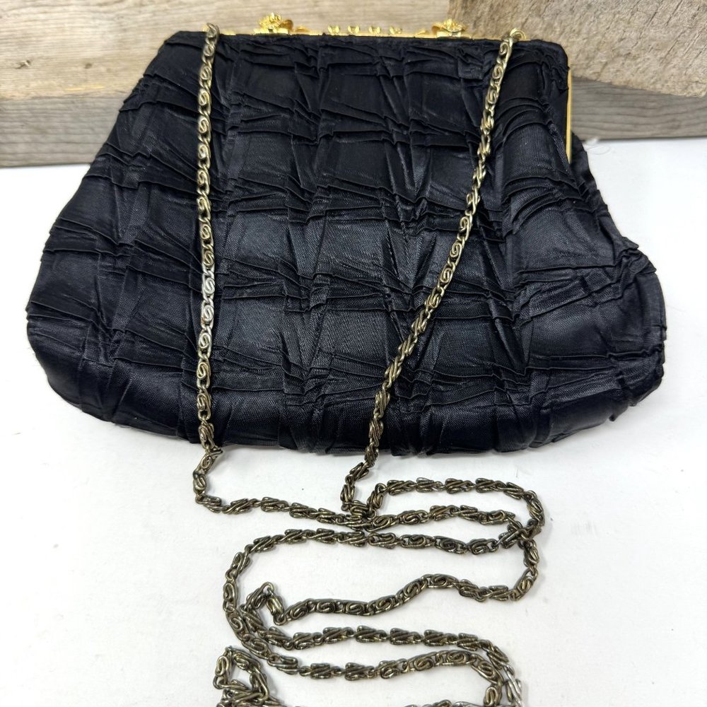 Elegant Black Fabric & Rhinestone Evening Purse w/ Chain - Picture 6 of 8